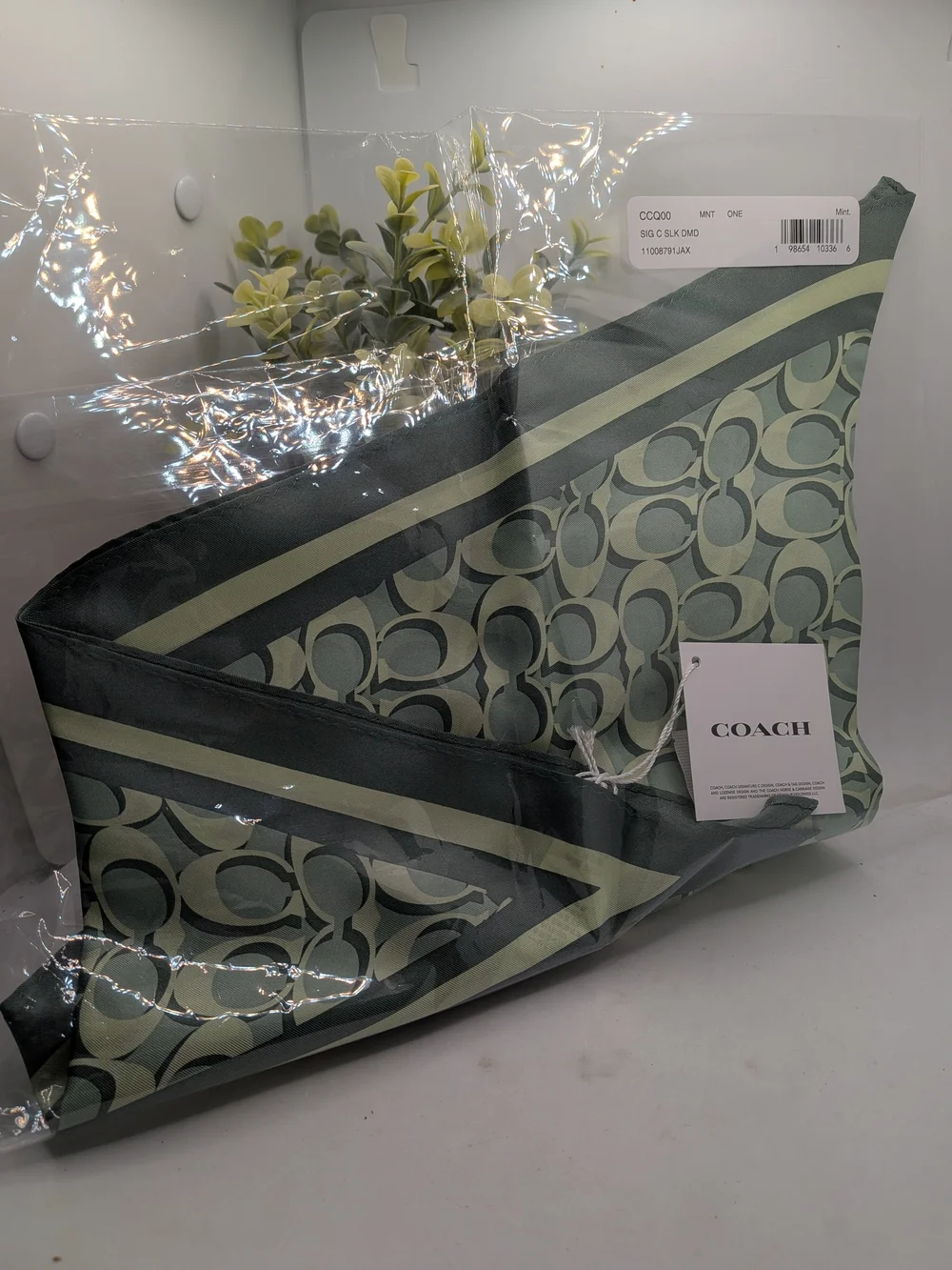 COACH Mint Green Signature Print Diamond Silk Scarf